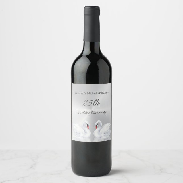 Étiquette Pour Bouteilles De Vin Swans Silver coutume 25e anniversaire Mariage (Devant)