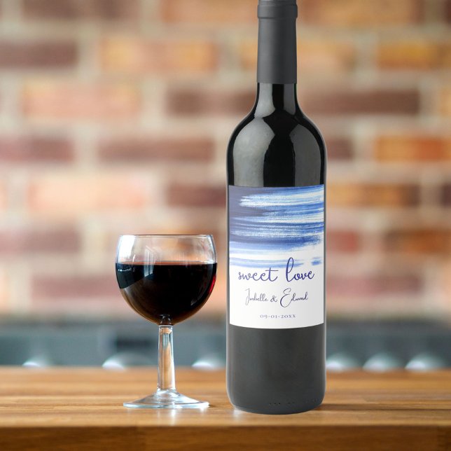 Étiquette Pour Bouteilles De Vin Sweet Love Marine Mariage d'aquarelle bleue (Créateur téléchargé)