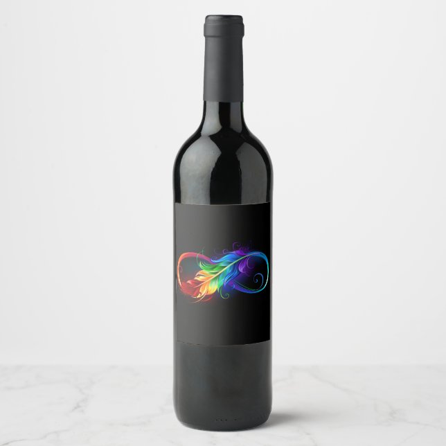 Étiquette Pour Bouteilles De Vin Symbole d'infini avec plume arc-en-ciel (Devant)