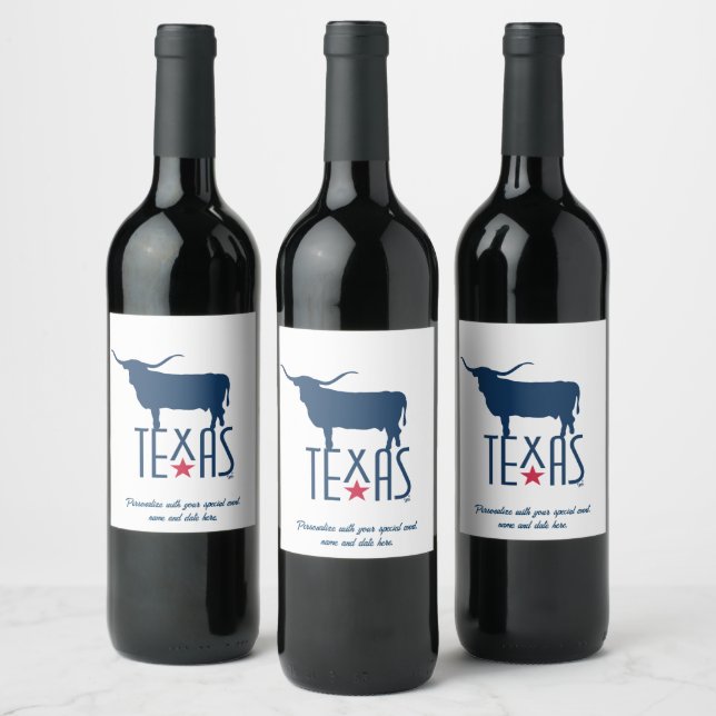 Étiquette Pour Bouteilles De Vin Symboles du Texas, Longhorn, bleu marine (Bouteilles)