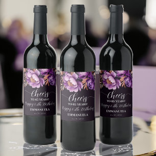 Étiquette Pour Bouteilles De Vin Table de fête d'anniversaire violet peony modèle