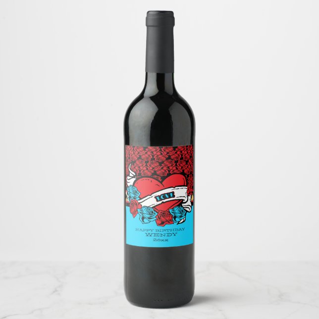 Étiquette Pour Bouteilles De Vin Tatouage rétro, amour (Devant)