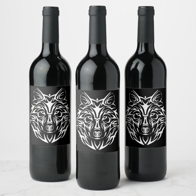 Étiquette Pour Bouteilles De Vin Tête de loup blanc sur noir (Bouteilles)
