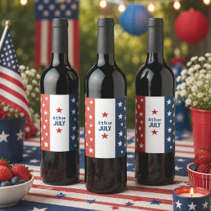 Étiquette Pour Bouteilles De Vin Texte 4 JUILLET Rouge, Blanc & Bleu avec Étoiles 