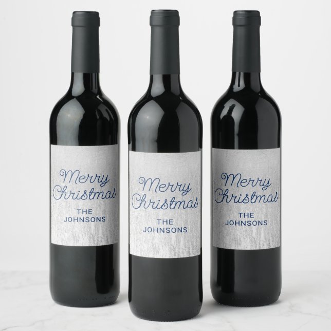 Étiquette Pour Bouteilles De Vin Texture Glam Argent Bleu Marine Joyeux Noël (Bouteilles)