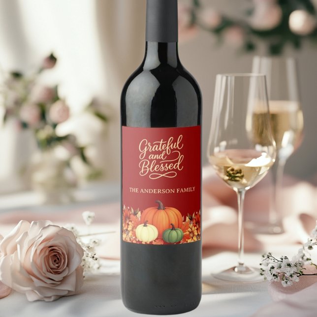 Étiquette Pour Bouteilles De Vin Thanksgiving citrouille terracotta Grateful béni (Créateur téléchargé)