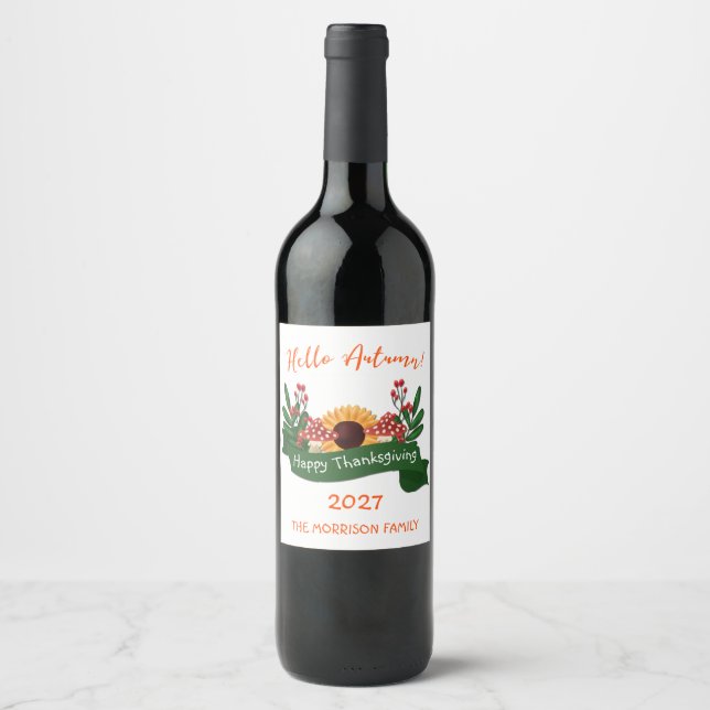 Étiquette Pour Bouteilles De Vin Thanksgiving, tournesol et champignons (Devant)
