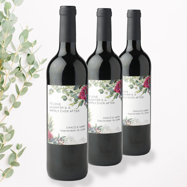 Étiquette Pour Bouteilles De Vin Toast Mariage de Rose rouge et d'Eucalyptus (Wedding wine labels with toast, from my Red Rose and Eucalptus collection)