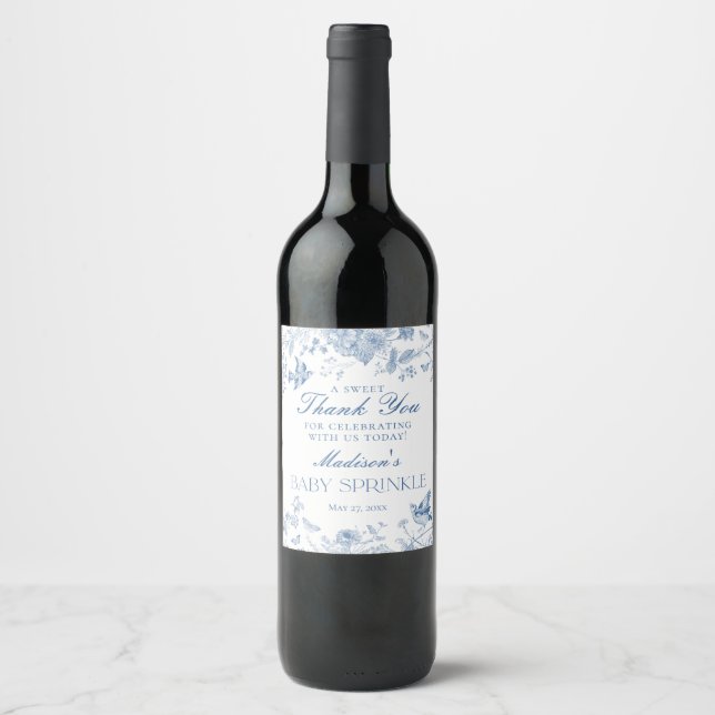 Étiquette Pour Bouteilles De Vin Toile Bleue De Jouy Baby Sprinkle Faveurs (Devant)