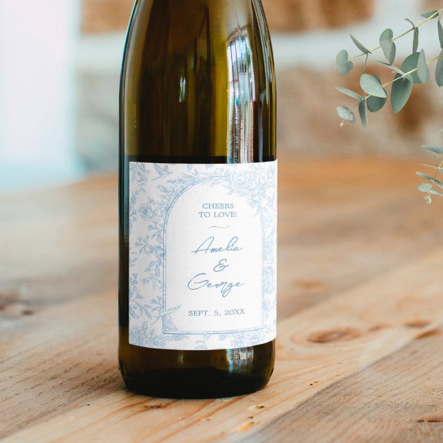 Étiquette Pour Bouteilles De Vin Toile mariage bleu et blanc (Wedding Blue and White French Toile Wine Label)