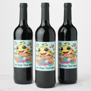 Étiquette Pour Bouteilles De Vin Tortue de mer Bébé heureux et mignonne personnage