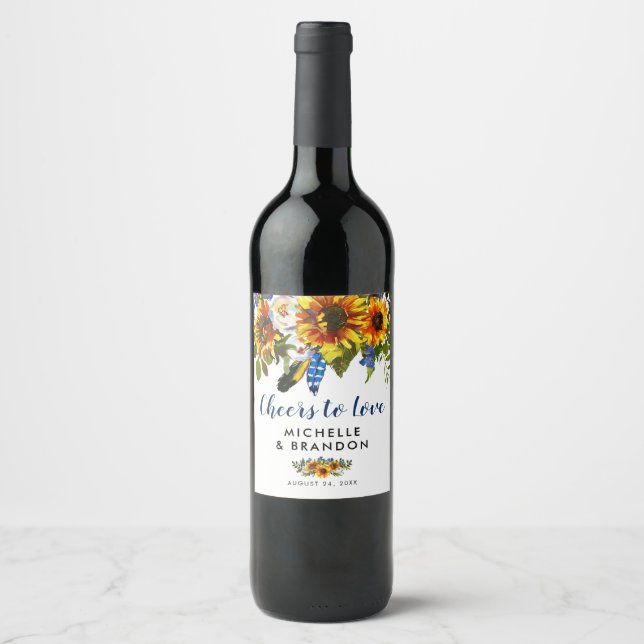 Étiquette Pour Bouteilles De Vin Tournesol bleu rustique pour l'amour (Devant)