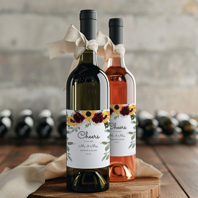 Étiquette Pour Bouteilles De Vin Tournesol et Mariage Rose (Créateur téléchargé)