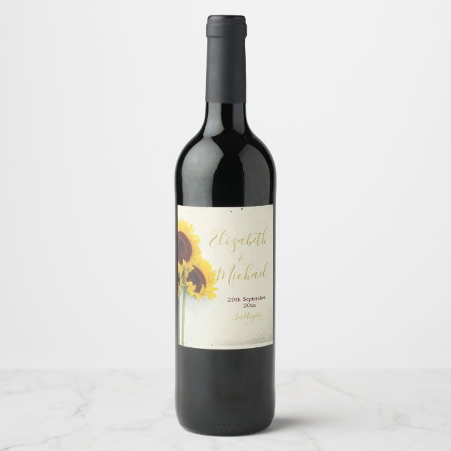 Étiquette Pour Bouteilles De Vin Tournesol Rustique Personnel Mariage moderne (Devant)