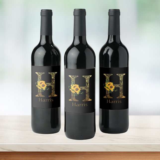 Étiquette Pour Bouteilles De Vin Tournesols H lettre noir et or   (Créateur téléchargé)
