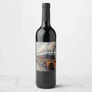 Étiquette Pour Bouteilles De Vin Train à vapeur sur un pont - Peinture à l'huile
