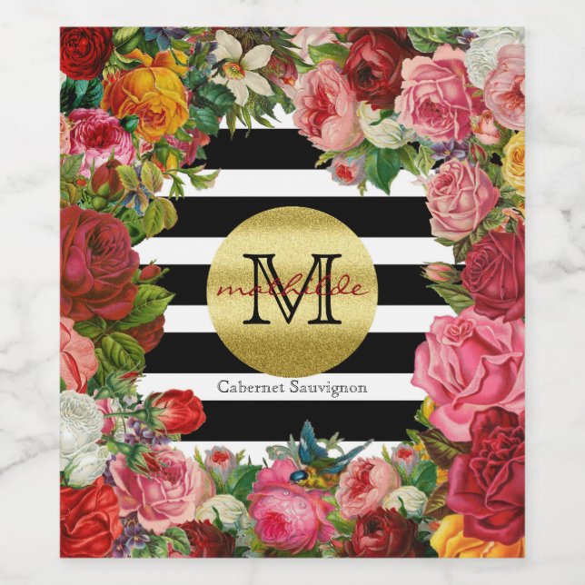 Étiquette Pour Bouteilles De Vin Trendy Monogram Stripes Rose Fleurs Parties scinti (Étiquettes simples)