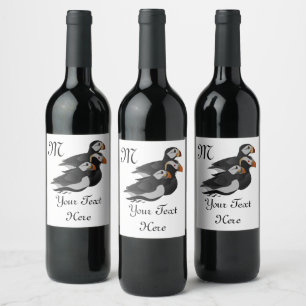 Étiquette Pour Bouteilles De Vin Trois Puffins Adorablement Friendly Baignade Carto