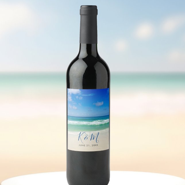 Étiquette Pour Bouteilles De Vin Tropical Ocean Wave Photo Belle Plage Mariage (Créateur téléchargé)