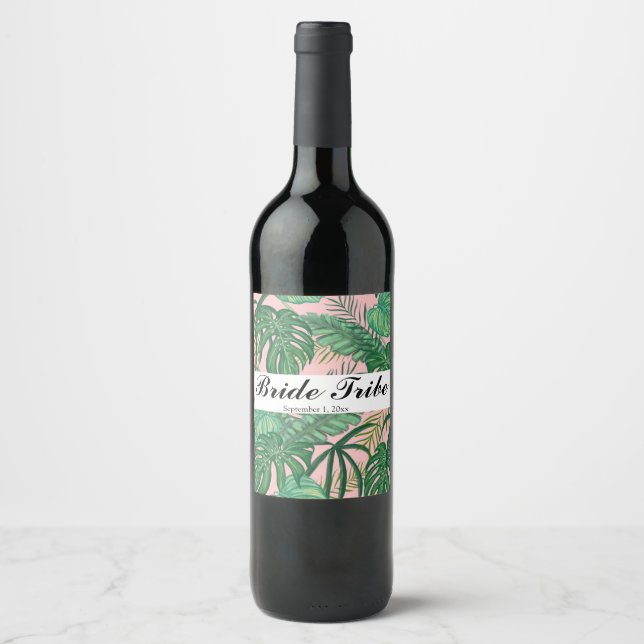 Étiquette Pour Bouteilles De Vin Tropical Palm Feuille Pink Bride Tribe Party Bottl (Devant)