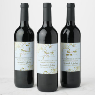 Étiquette Pour Bouteilles De Vin Trucs d'or sur Merci Mariage bleu poudre