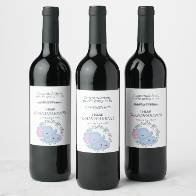 Étiquette Pour Bouteilles De Vin Tu vas devenir grand-parents Eléphants Bleus (Bouteilles)