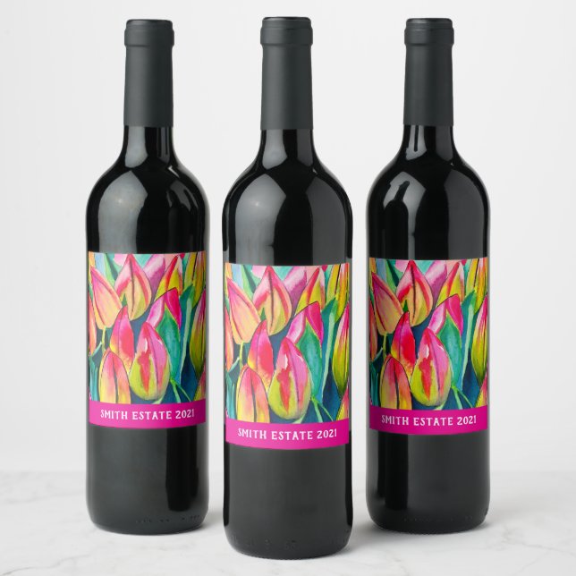 Étiquette Pour Bouteilles De Vin Tulipes d'art à l'aquarelle rose (Bouteilles)