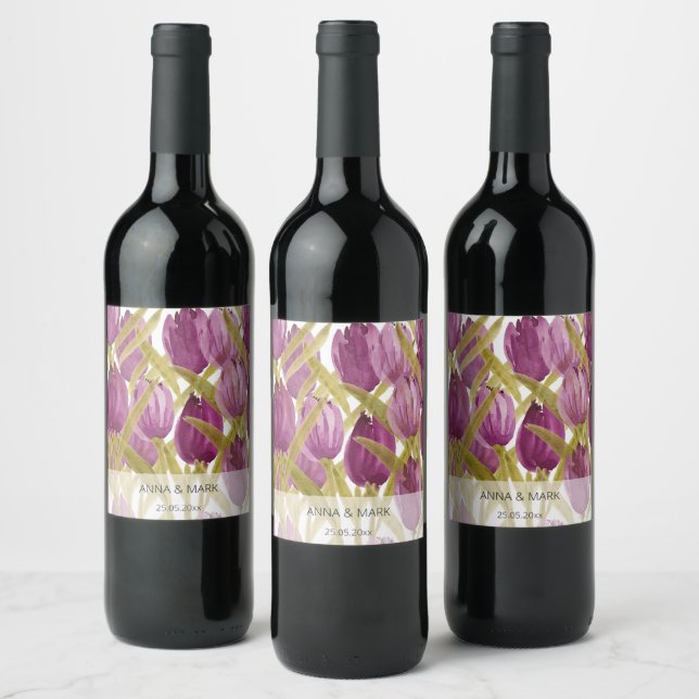 Étiquette Pour Bouteilles De Vin Tulipes pourpres Elégante aquarelle (Bouteilles)