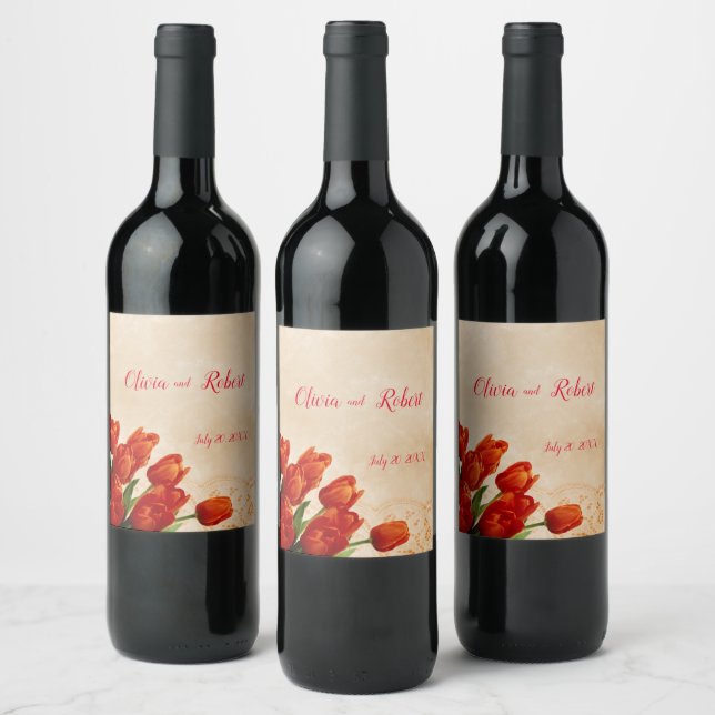 Étiquette Pour Bouteilles De Vin Tulipes rouges personnalisées sur arrière - plan d (Bouteilles)