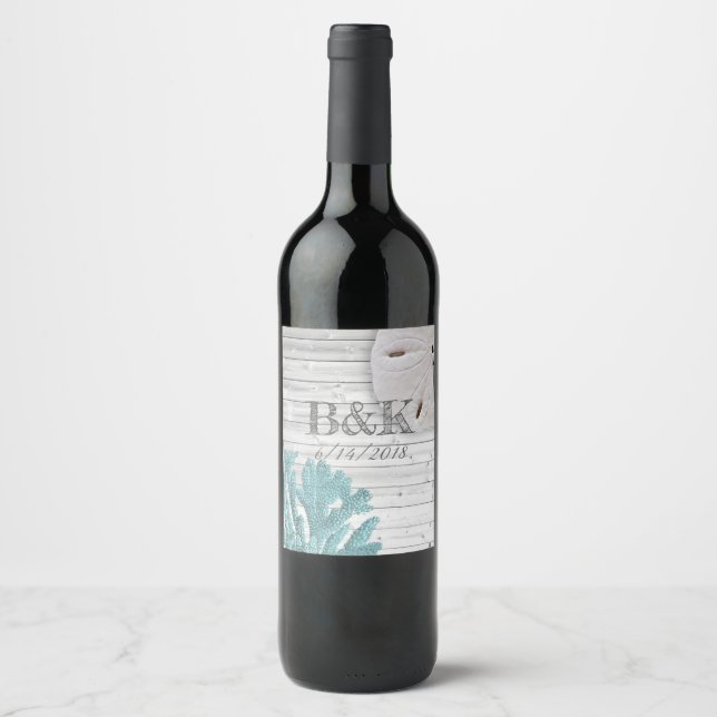 Étiquette Pour Bouteilles De Vin Turquoise Coral Blanc Washed Wood Beach Mariage Pe (Devant)