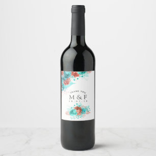 Étiquette Pour Bouteilles De Vin Turquoise et Corail Remerciements de Mariage Tropi