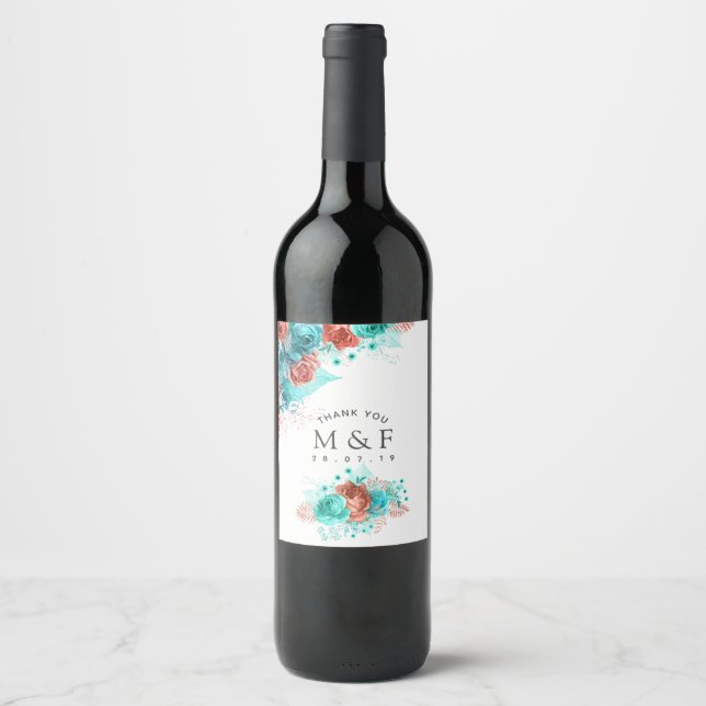 Étiquette Pour Bouteilles De Vin Turquoise et Coral Tropical Mariage Merci (Devant)