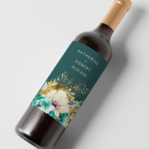 Étiquette Pour Bouteilles De Vin Turquoise Gold Luxuriant Floral Mariage Vin Ensemb