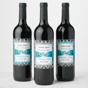 Étiquette Pour Bouteilles De Vin Turquoise, Noir Damask Love Hearve Mariage
