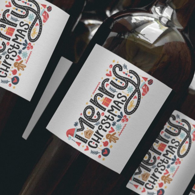 Étiquette Pour Bouteilles De Vin Typographe de Merry Christmas (Créateur téléchargé)