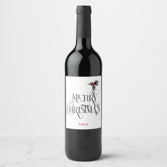 Étiquette Pour Bouteilles De Vin Typographie de Noël Joyeux | Holly (Devant)
