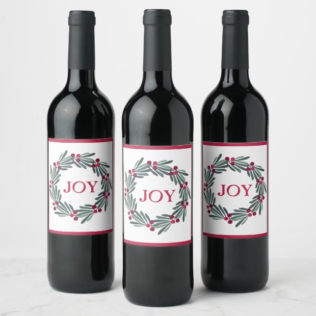 Étiquette Pour Bouteilles De Vin Typographie "JOY" Holly Berry Wreath Red (Bouteilles)