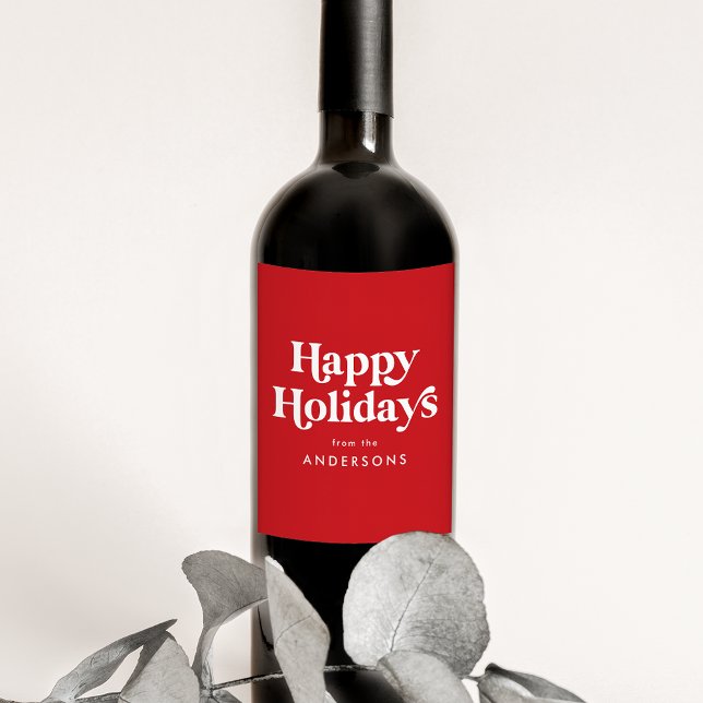 Étiquette Pour Bouteilles De Vin Typographie rétro Red Happy Holidays (Créateur téléchargé)