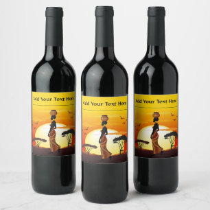 Étiquette Pour Bouteilles De Vin Une belle femme africaine Silhouette sur les solei