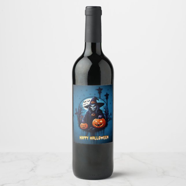 Étiquette Pour Bouteilles De Vin Une scène d'Halloween éffrayante (Devant)