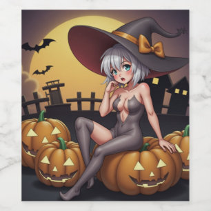 Étiquette Pour Bouteilles De Vin Une sorcière d'Halloween aux yeux verts sur Jack-O