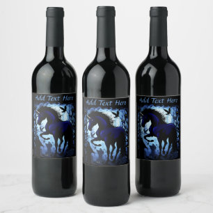 Étiquette Pour Bouteilles De Vin Unicorne Fée magique noire dans la forêt noire