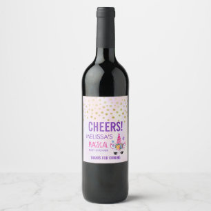 Étiquette Pour Bouteilles De Vin Unicorne rose Confetti & Fleurs Douche Merci