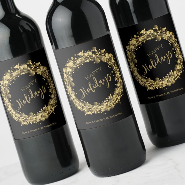 Étiquette Pour Bouteilles De Vin Vacances Gold et Black Happy (Créateur téléchargé)