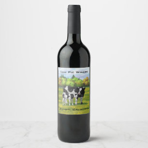 Étiquette Pour Bouteilles De Vin Vache Holstein et veau mignon en pâturage d'été
