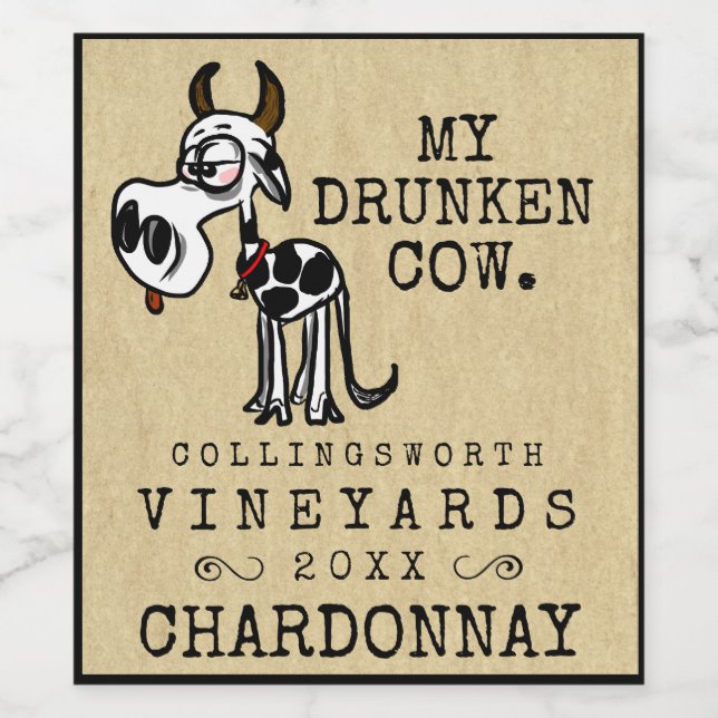 Étiquette Pour Bouteilles De Vin Vache ivre drôle fait maison (Étiquettes simples)