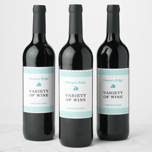 Étiquette Pour Bouteilles De Vin Vagues d'océan bleu moderne (Bouteilles)