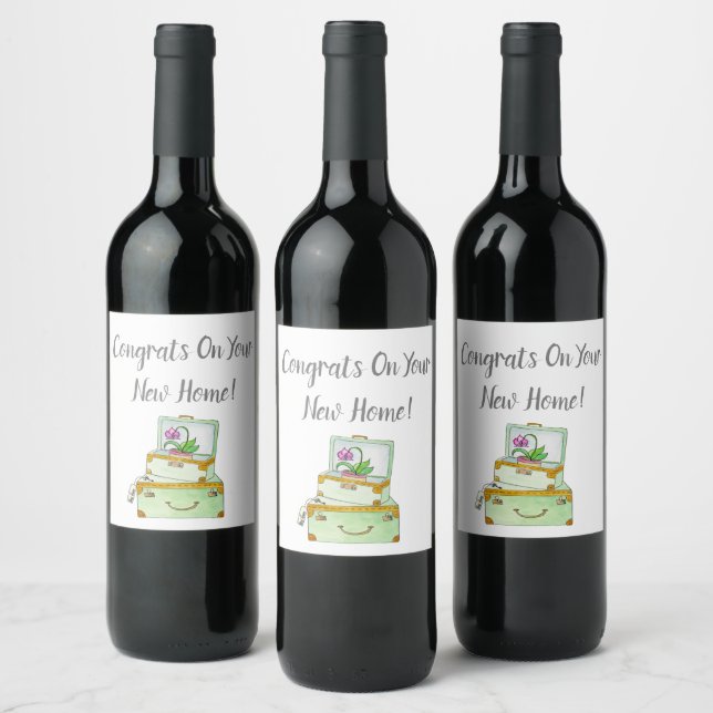 Étiquette Pour Bouteilles De Vin Valise Aquarelle Nouvelle Maison (Bouteilles)