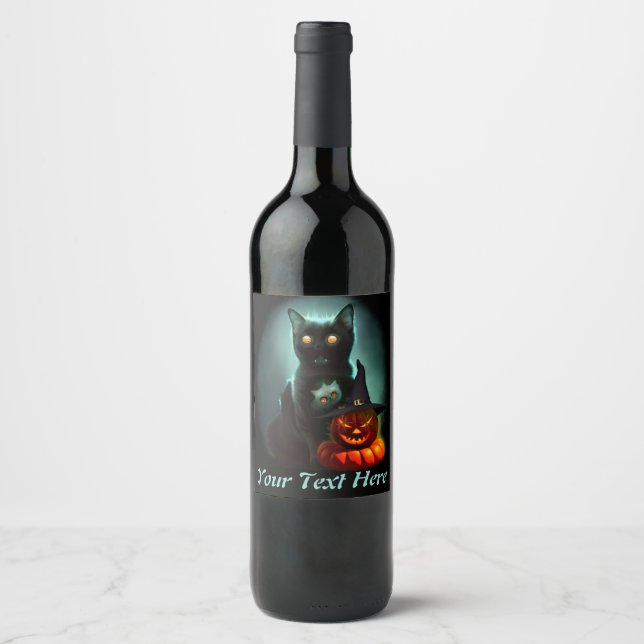 Étiquette Pour Bouteilles De Vin Vampire Chat et Assistant Citrouille Halloween Sur (Devant)