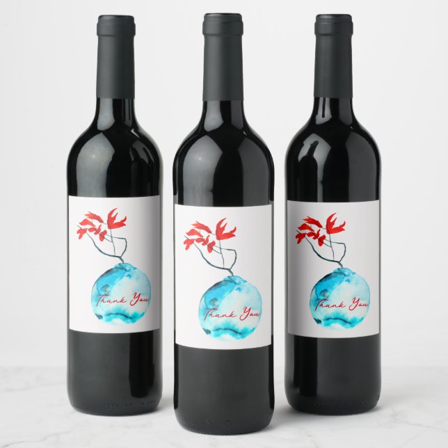 Étiquette Pour Bouteilles De Vin Vase bleu Ikebana aquarelle (Bouteilles)